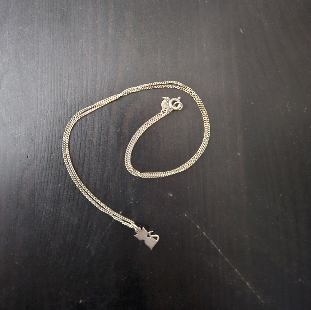 Sterling Silver Chain Necklace w/ Cat Pendant